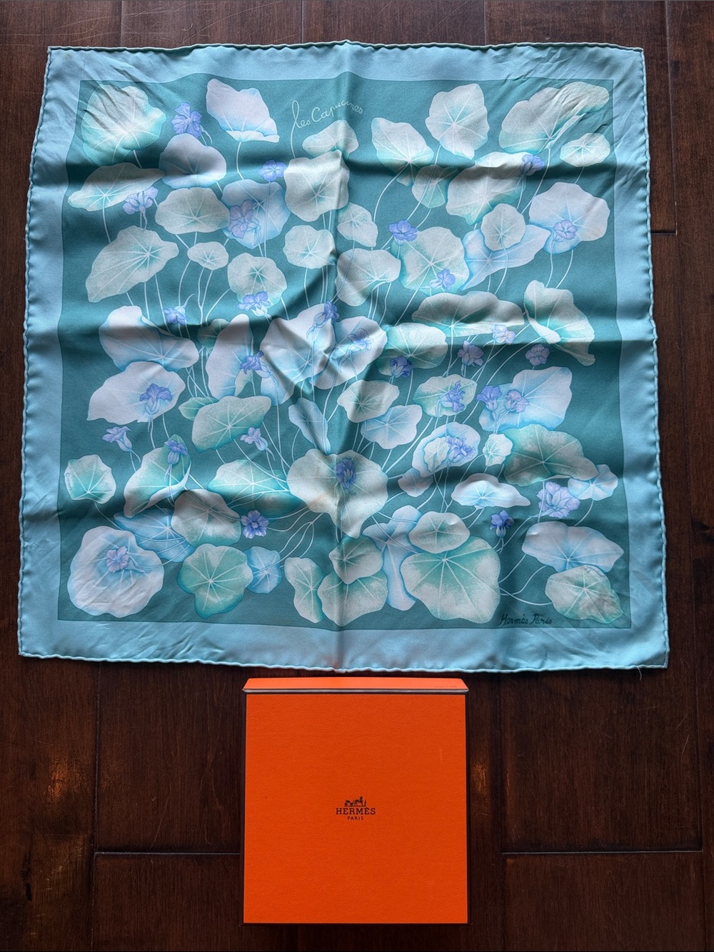 Hermes Aqua & Light Blue Floral Silk Scarf